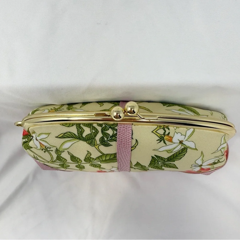 Joan Rivers Beauty Floral Kiss Lock Clutch Pink Gold Frame Evening Makeup Bag